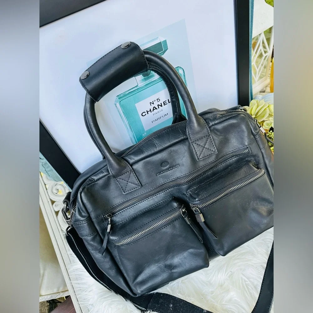 Micmacbags Black Cowhide Handmade Leather Bag with removable shoulder strap